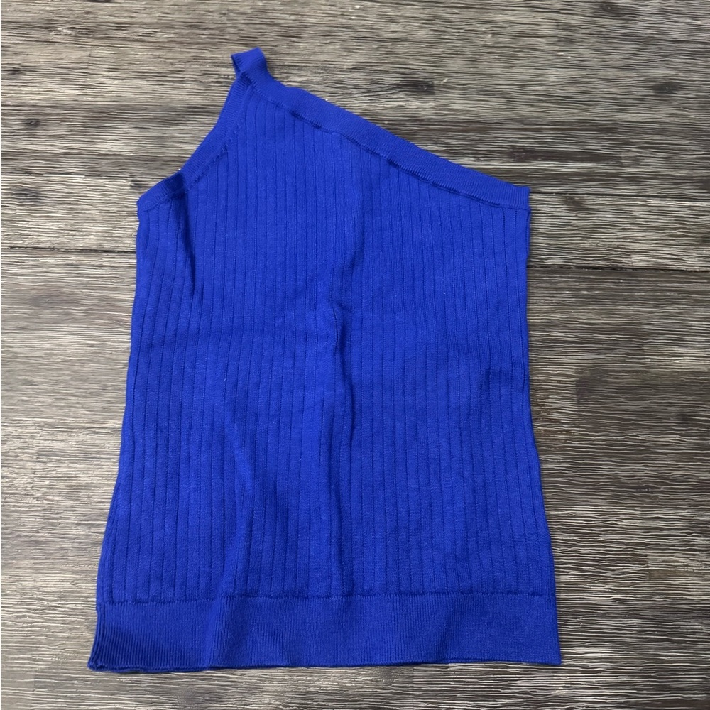 One-Shoulder Blue Ribbed Top